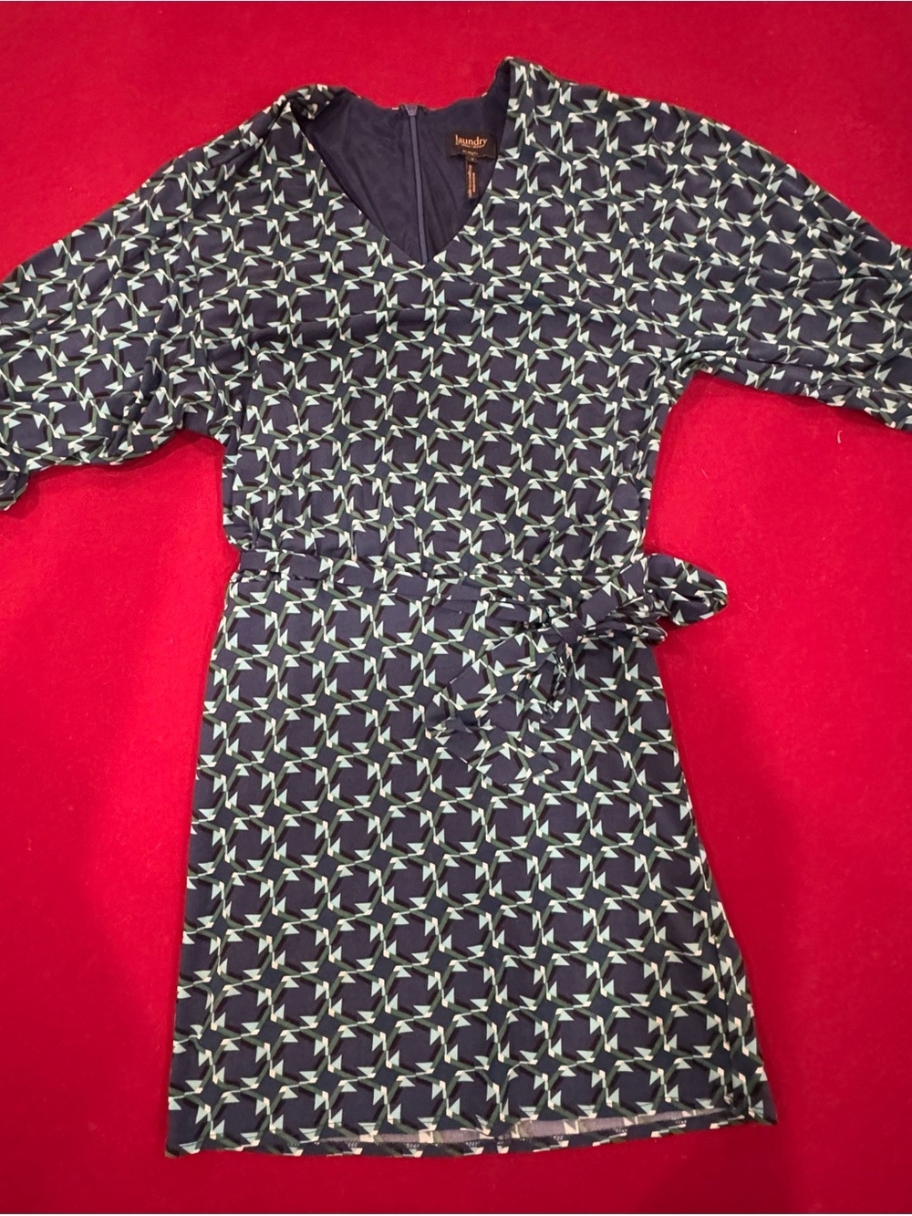Laundry by Shelli Segal Navy Geo Print Wrap Dress with Mint Accents